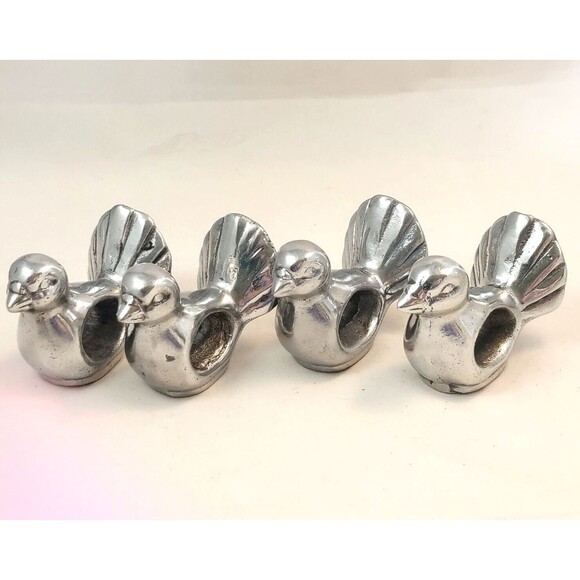 Pewter Birds Chickens Napkin Rings Set Of 4 2” Tall vintage - Picture 2 of 5